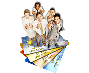 group standing on giant credit cards with thumbs up